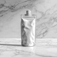 A white plastics pouch sitting on a marble counter photo