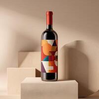 A bottle of wine sitting on a block with a geometric pattern photo