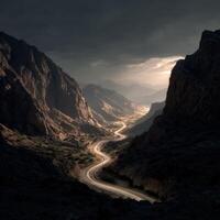 A winding road in the mountains with a dark sky photo