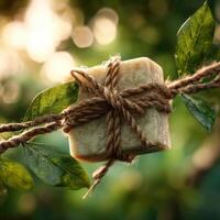 A soap bar wrapped in twine on a branch photo