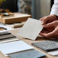A man is holding a piece of fabric on a table photo
