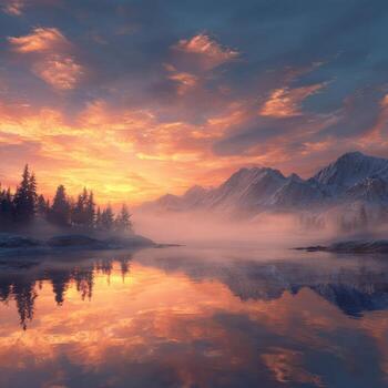 A beautiful sunset over a lake with mountains in the background photo