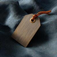 A tag with a brown leather loop on a blue cloth photo