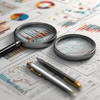 Magnifying glass and pen on business reports and graphs photo