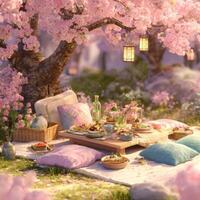 A picnic under a tree with flowers and a table photo