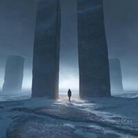A mans standing in front of two large pillars in the snow photo