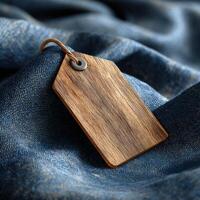 A wooden tag on a blue fabric photo