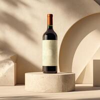 A bottle of wine sitting on a pedestal photo