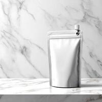 A white pouch sitting on a marble counter photo