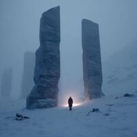 A man standing in front of two large pillars in the snow photo