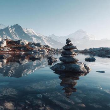 A stack of rocks in the water with mountains in the background photo