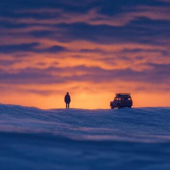 A man stands on the snow with a car in the background photo