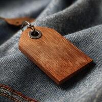 A wooden tag on a blue jean pocket photo