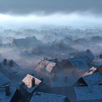 A foggy city with many houses and chimneys photo
