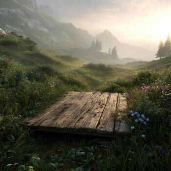 A wooden bridge in the middle of a field photo