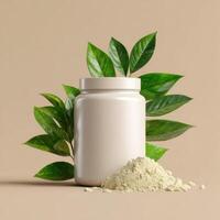 A jar of powder and leaves on a beige background photo