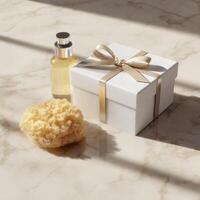 A gift box with a bottle of perfume and a sponge photo