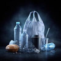 Plastic bags, plastic bottles and a bread bag on a dark background photo