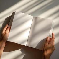 A person holding an open book with sunlight coming through the window photo