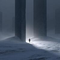 A man walking through a snowy field with two pillars in the background photo