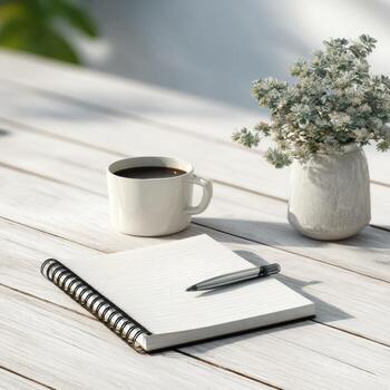 Notebook and pen on wooden table with flowers photo
