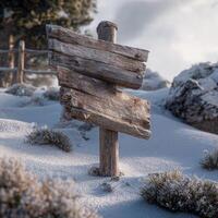 A wooden sign post in the snow photo