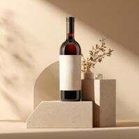 A bottle of wine sits on a block in front of a wall photo
