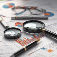 Magnifying glass, pen and paper on business documents stock photo