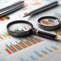 Business analysis and financial reports with magnifying glass and pen photo