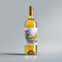 A bottle of wine with a gold and white design photo