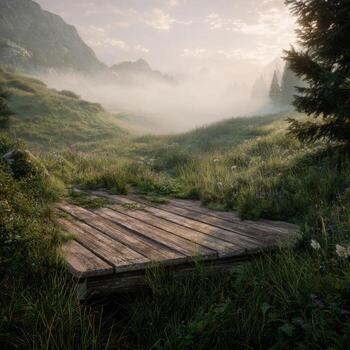 A wooden bridges in the middle of a field photo