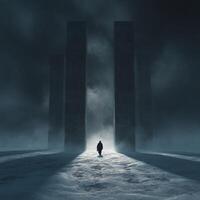 A man standing in front of three pillars in the snow photo