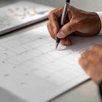 A person is writing on a calendar with a pen photo