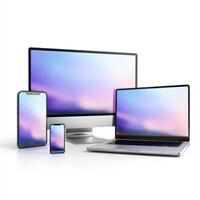 A computer, phone and tablet are shown together photo