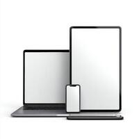 Modern laptop, tablet and smartphone on white background photo
