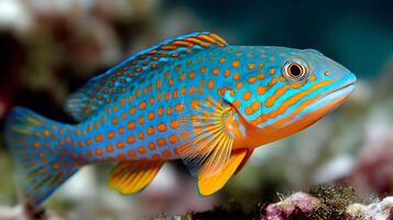 Mandarin fish swimming over coral reef in vibrant colors photo