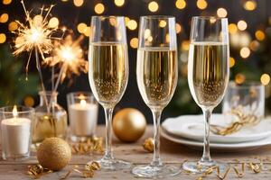 Champagne flutes sparkling on new year's eve table setting with festive decorations photo