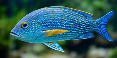 Striking blue fish swimming in aquarium, showcasing vibrant colors and intricate patterns photo