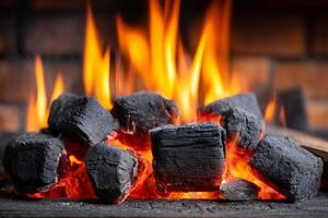 Burning charcoal briquettes glowing with intense heat and flames in a brick fireplace photo