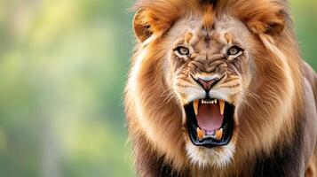 Portrait of a majestic male lion roaring showing its teeth and mane photo