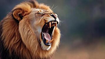 Majestic lion roaring showing teeth and tongue in african savanna photo