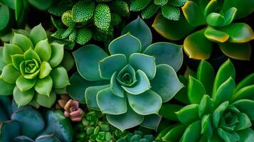 Green succulents growing densely in garden, top view showing various types photo