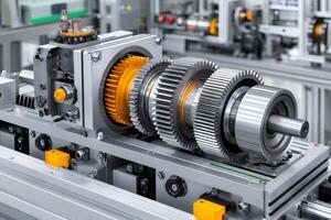 Gearbox with shiny metal gears rotating smoothly in modern factory photo