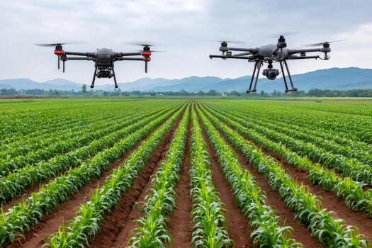Drones flying over a green cornfield generating data for smart farming photo