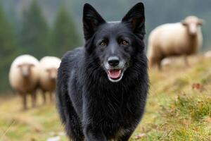 Black sheepdog guarding sheep in green meadow photo