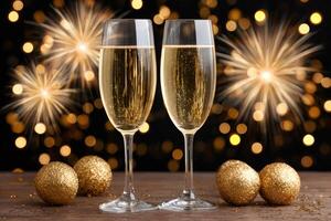 Two champagne flutes celebrating new year's eve with fireworks and golden ornaments photo