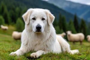 Maremma sheepdog guarding sheep in mountain meadow photo