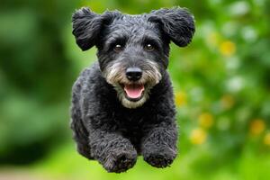 Cute poodle mix dog flying through the air with a blurry green background photo
