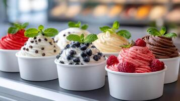 Various flavors of ice cream are served in white cups, topped with fresh fruit and mint photo
