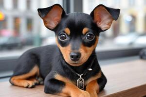 Prague ratter puppy relaxing on table by window photo